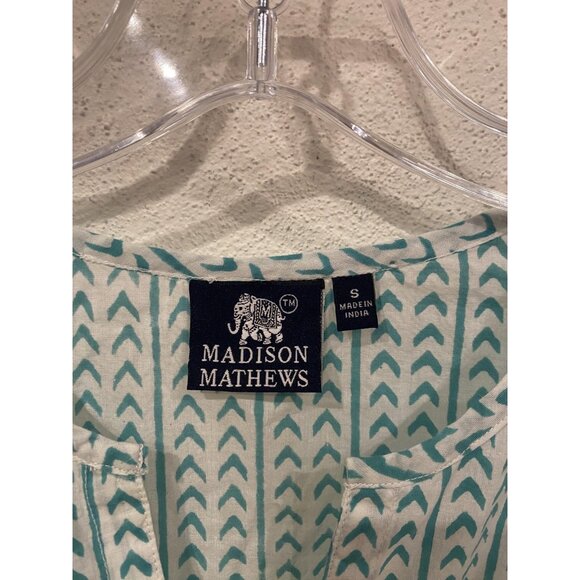 Madison Mathews Shirt Womens Small Blue White Arrow Print Tunic India Boho Top - Picture 2 of 3